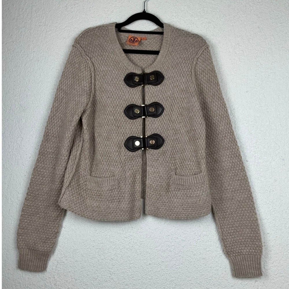 Tory Burch Tan Toggle Cardigan - M - Leather Trim Gold Logo Preppy Quiet Luxury
